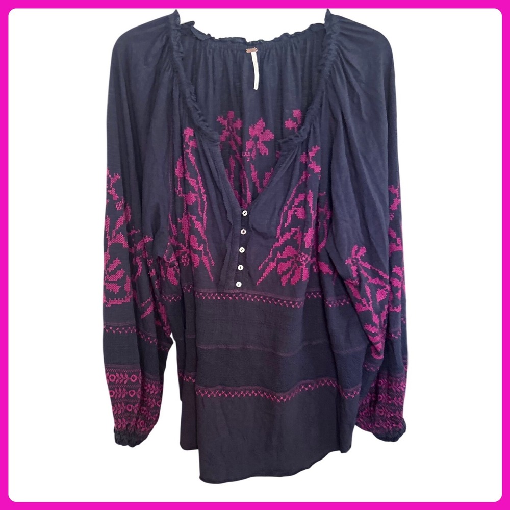 Free People Womens Navy Blue Pink Embroidered‎ Peasant Blouse Henley Top Large